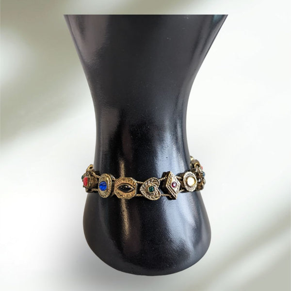 Goldette Slide Bracelet Multiple Faux Gems Pearls Antique Gold Tone Setting Victorian Revival Style