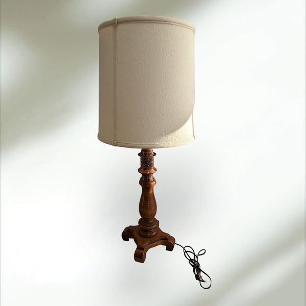 Wooden Carved Table Lamp w Brass detailing