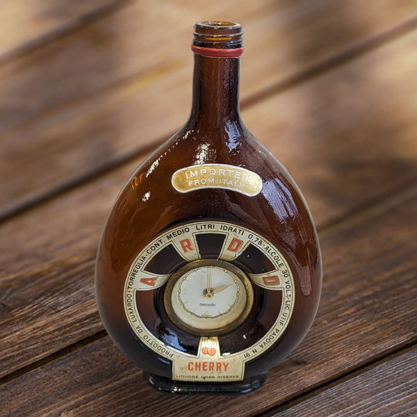Vintage Advertising Brown Glass Bottle Italian ARDO Cherry Liquor with German Mercedes Mechanical Clock