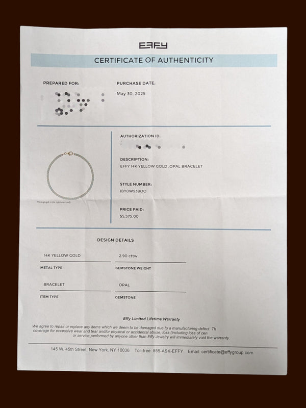 Effy 14K Yellow Gold Opal Bracelet w/ COA, Insurance Appraisal