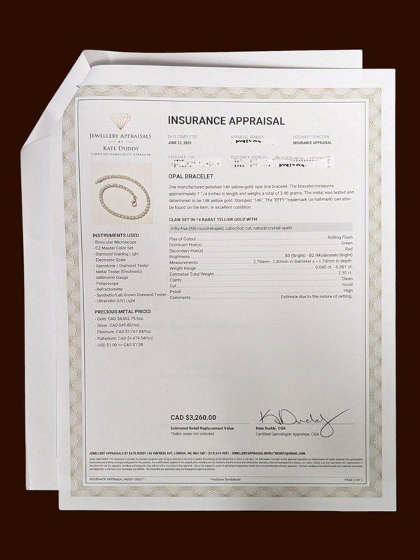 Effy 14K Yellow Gold Opal Bracelet w/ COA, Insurance Appraisal