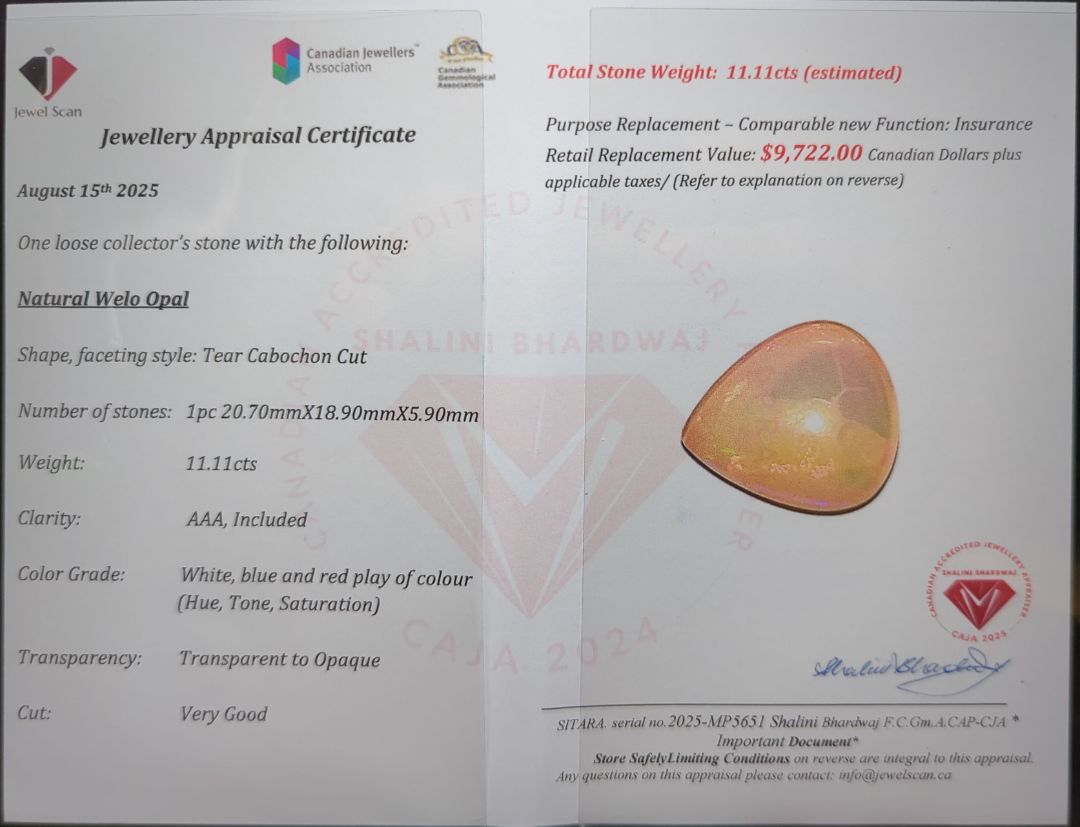 $9,722 Appraisal - 11.11 ct Cert. Opal gemstone