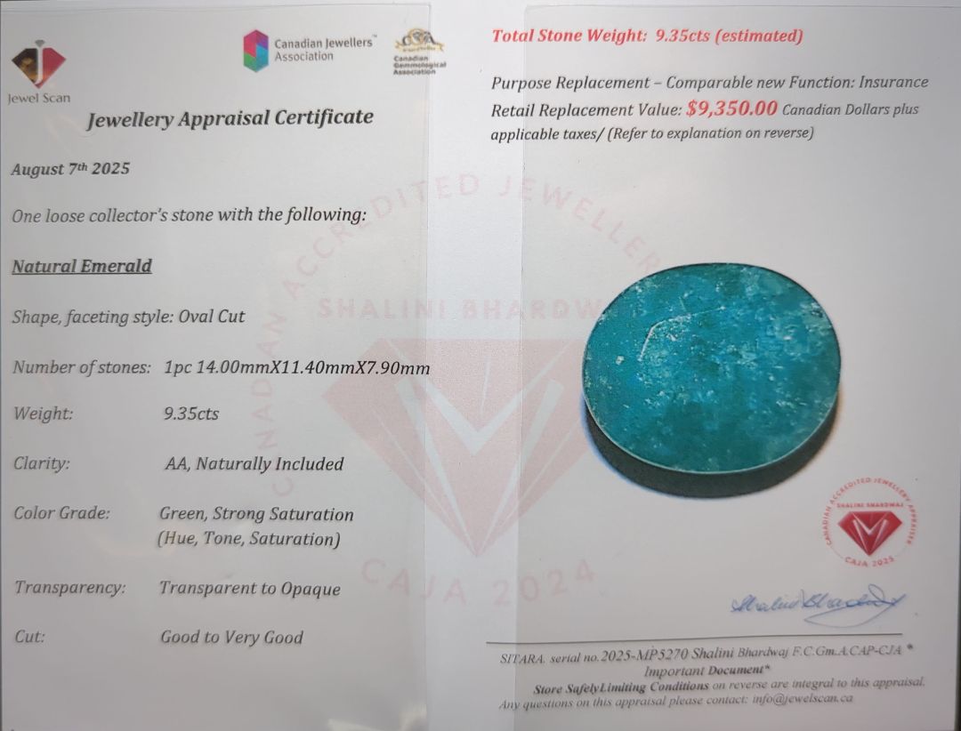 $9,350 Appraisal - 9.35 ct Cert. Emerald gemstone