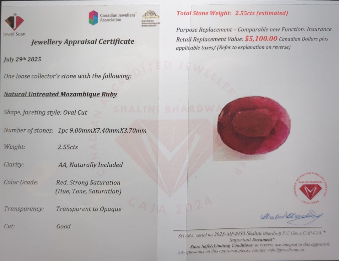 $5,100 Appraisal - 2.55 ct Cert. Red Ruby gemstone