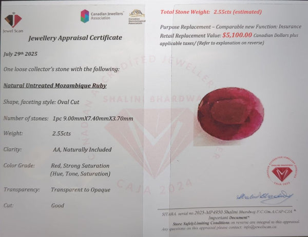 $5,100 Appraisal - 2.55 ct Cert. Red Ruby gemstone