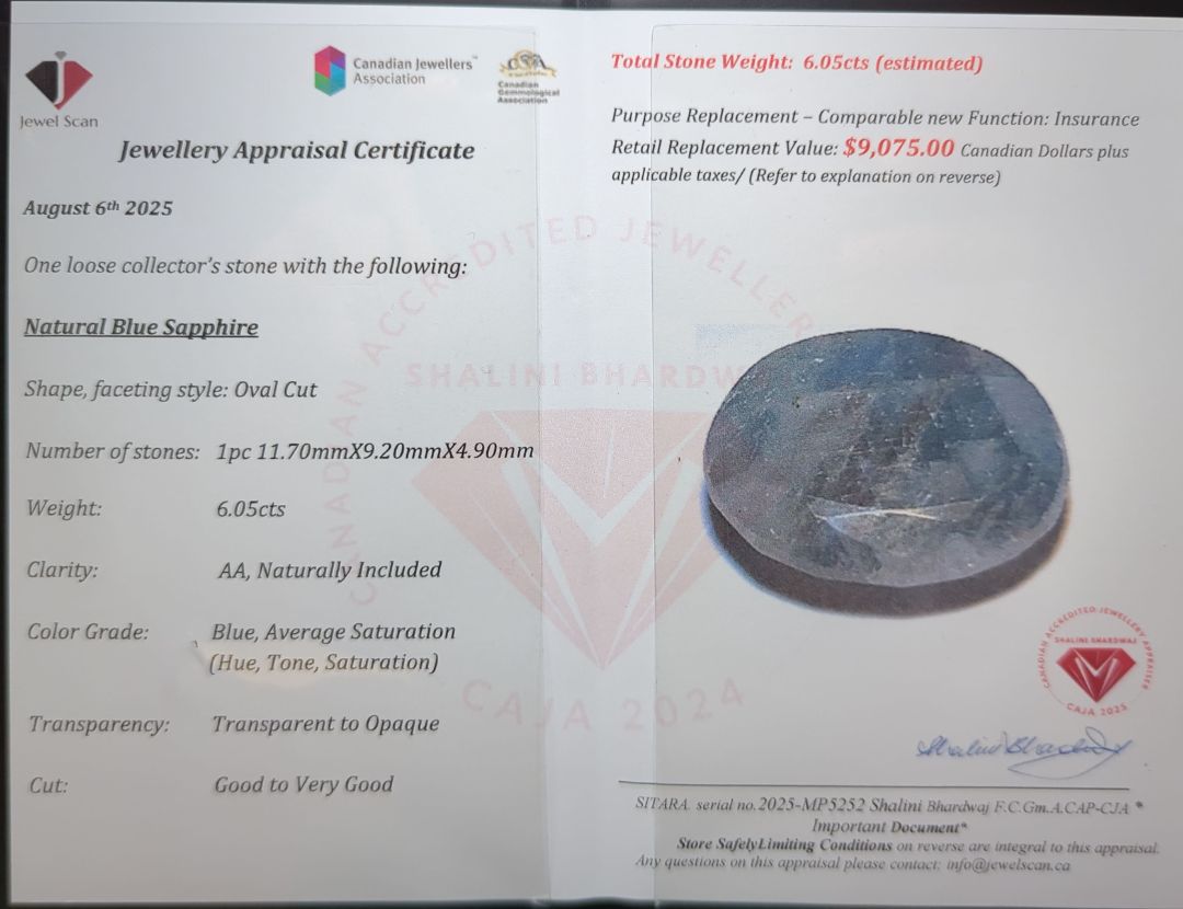 $9,075 Appraisal - 6.05 ct Cert. Blue Sapphire gemstone