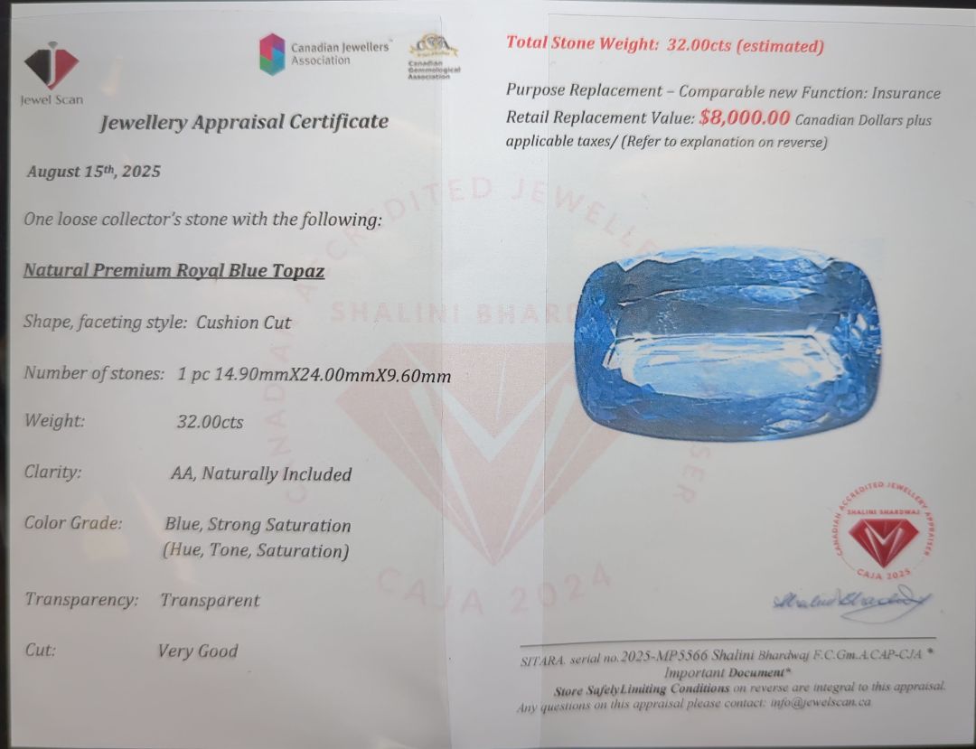 $8,000 Appraisal - 32 ct Cert. Royal Blue Topaz gemstone
