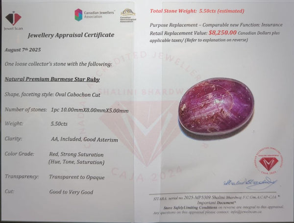 $8,250 Appraisal - 5.5 ct Cert. Red Star Ruby gemstone
