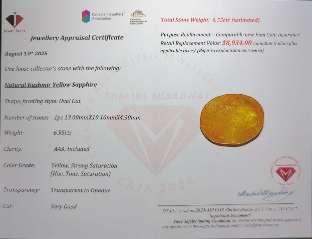 $8,934 Appraisal - 6.55 ct Cert. Yellow Sapphire gemstone