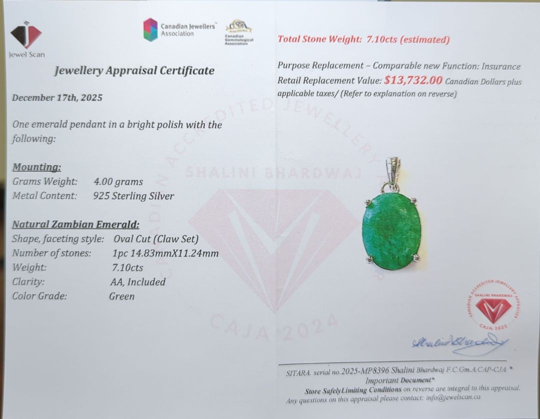$13,732 Appraisal - 4 ct Cert. Silver Emerald gemstone Pendant