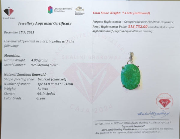 $13,732 Appraisal - 4 ct Cert. Silver Emerald gemstone Pendant