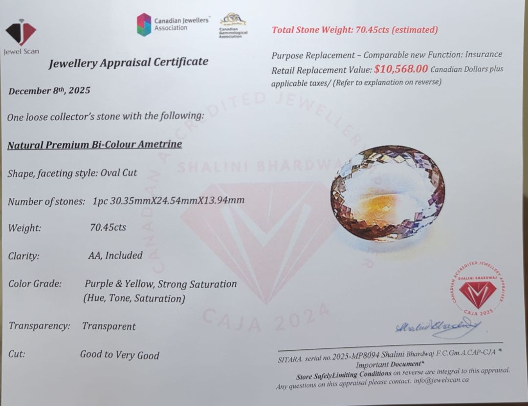 $10,568 Appraisal - 70.45 ct Cert. Bi-Colour Ametrine gemstone