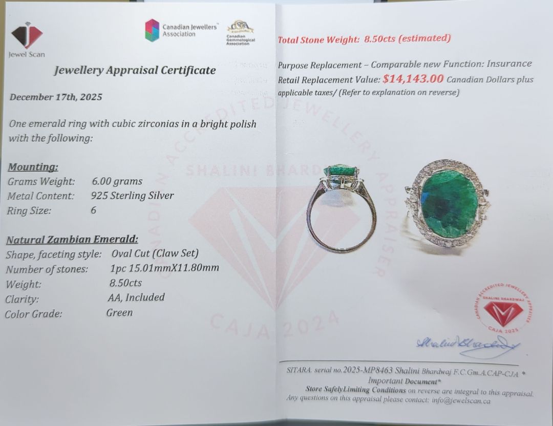 $14,143 Appraisal - 6 ct Cert. Silver Emerald gemstone Ring