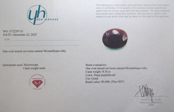$9,900 Appraisal - 8.3 ct Cert. Untreated Ruby gemstone