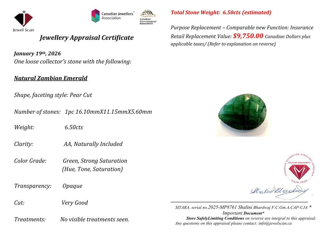 $9,750 Appraisal - 6.5 ct Cert. Zambian Emerald gemstone