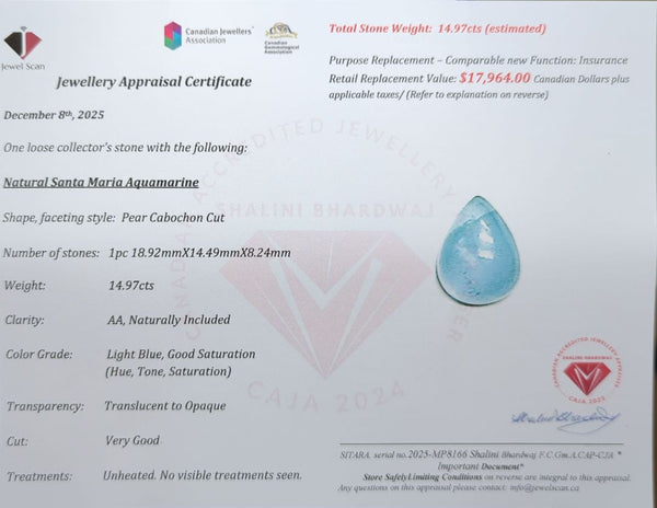 $17,964 Appraisal - 14.97 ct Cert. Aquamarine gemstone