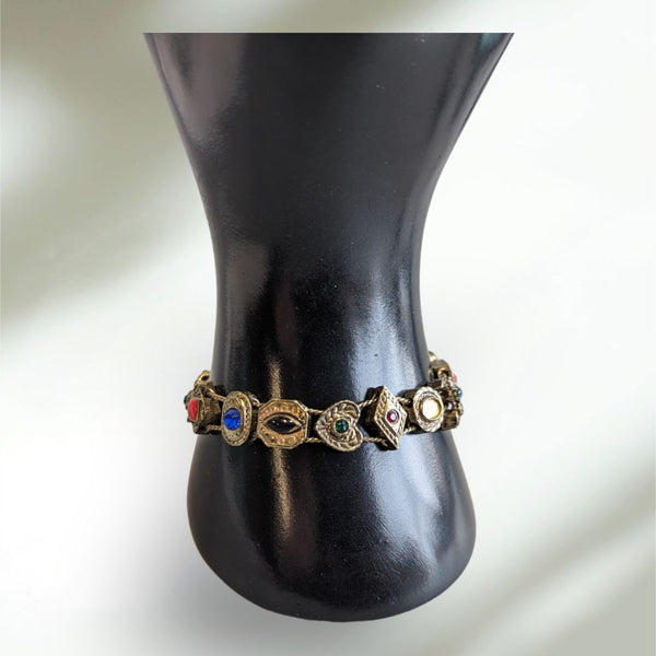 Goldette Slide Bracelet Multiple Faux Gems Pearls Antique Gold Tone Setting Victorian Revival Style