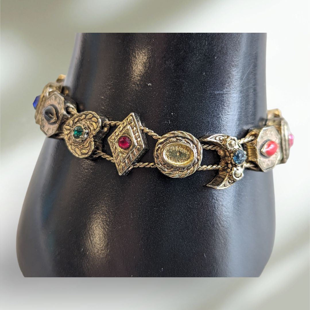 Goldette Slide Bracelet Multiple Faux Gems Pearls Antique Gold Tone Setting Victorian Revival Style