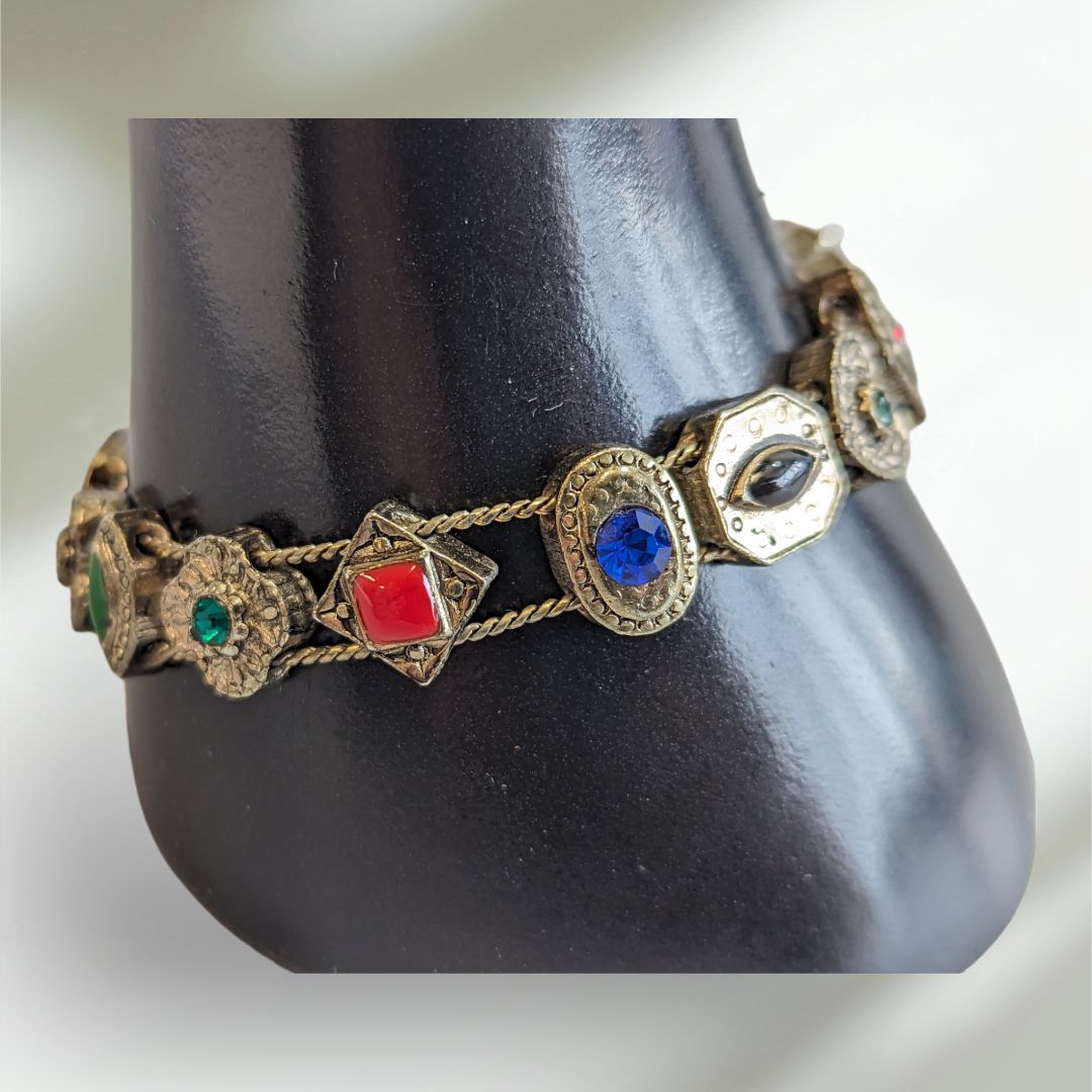 Goldette Slide Bracelet Multiple Faux Gems Pearls Antique Gold Tone Setting Victorian Revival Style