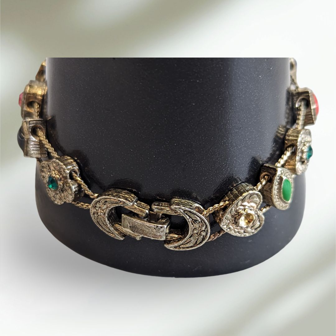 Goldette Slide Bracelet Multiple Faux Gems Pearls Antique Gold Tone Setting Victorian Revival Style