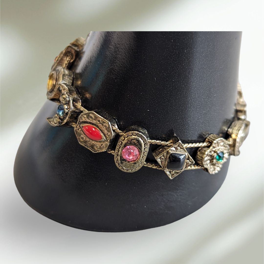Goldette Slide Bracelet Multiple Faux Gems Pearls Antique Gold Tone Setting Victorian Revival Style
