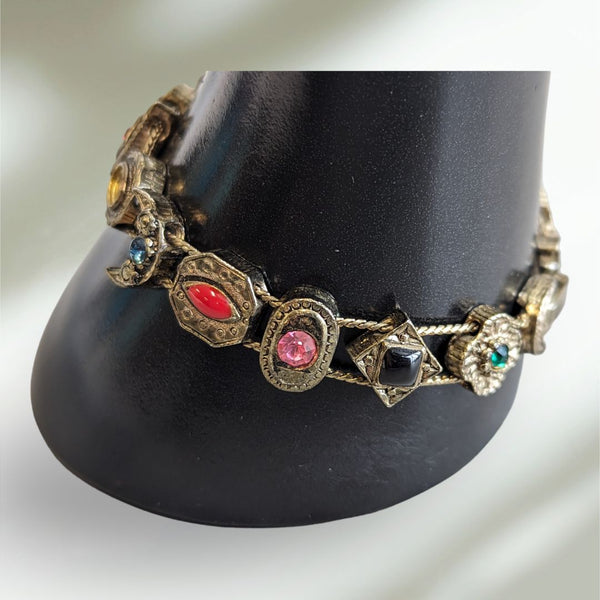 Goldette Slide Bracelet Multiple Faux Gems Pearls Antique Gold Tone Setting Victorian Revival Style