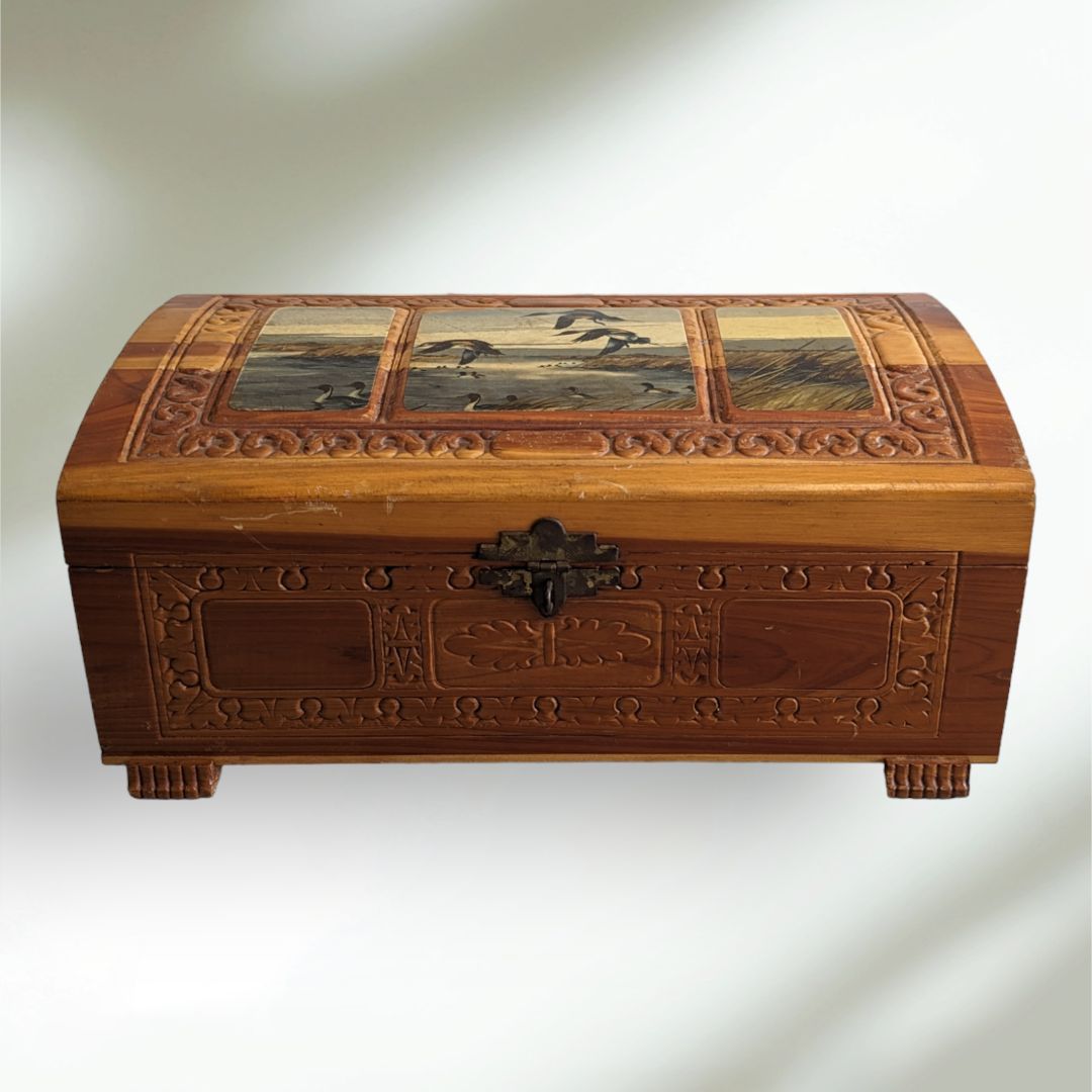 Vintage Cedar Storage Box Carved