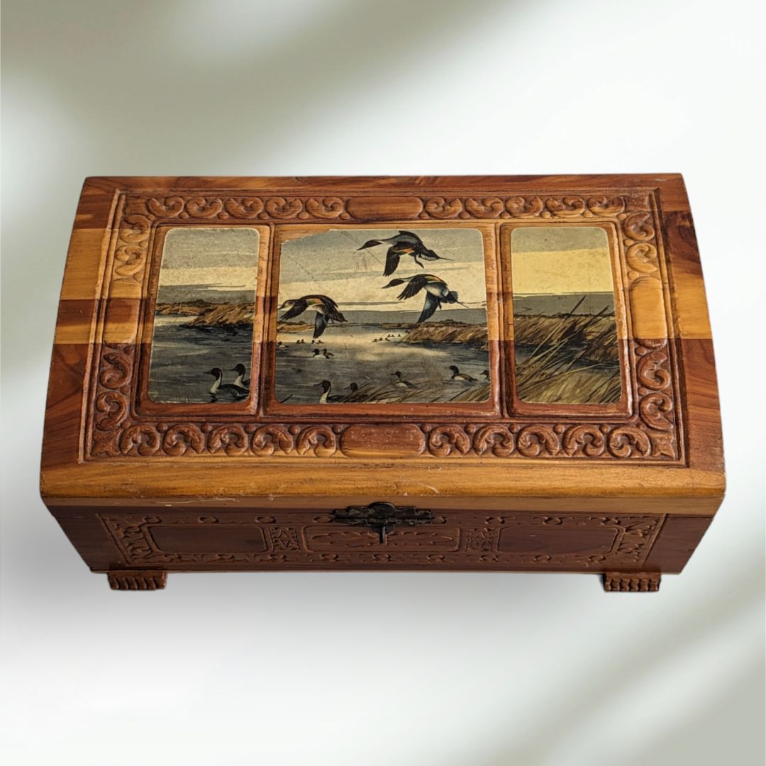 Vintage Cedar Storage Box Carved
