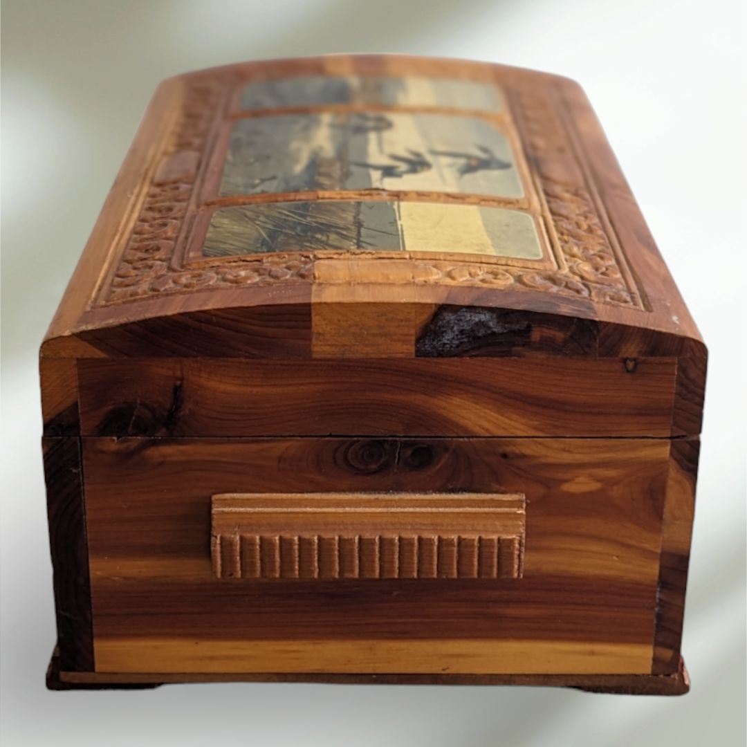 Vintage Cedar Storage Box Carved