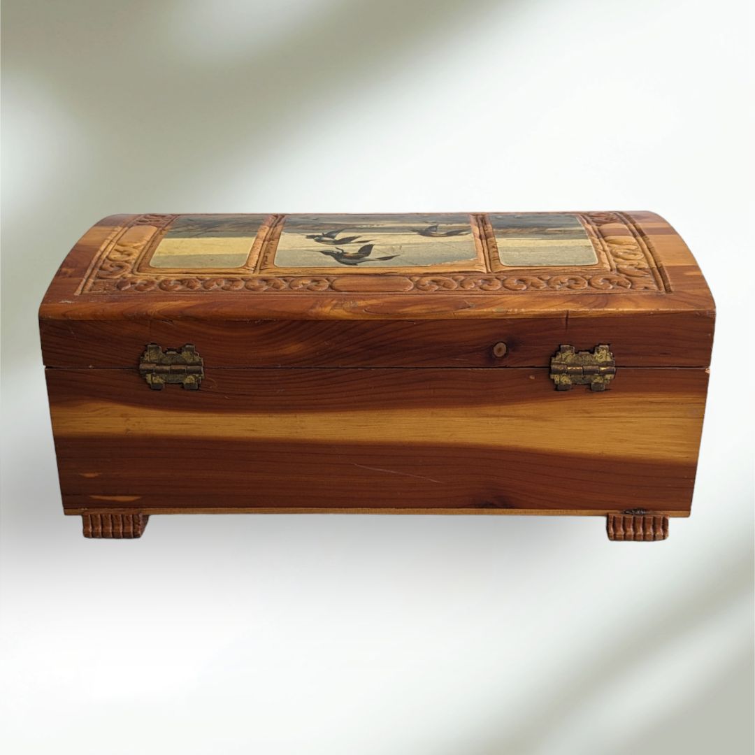 Vintage Cedar Storage Box Carved