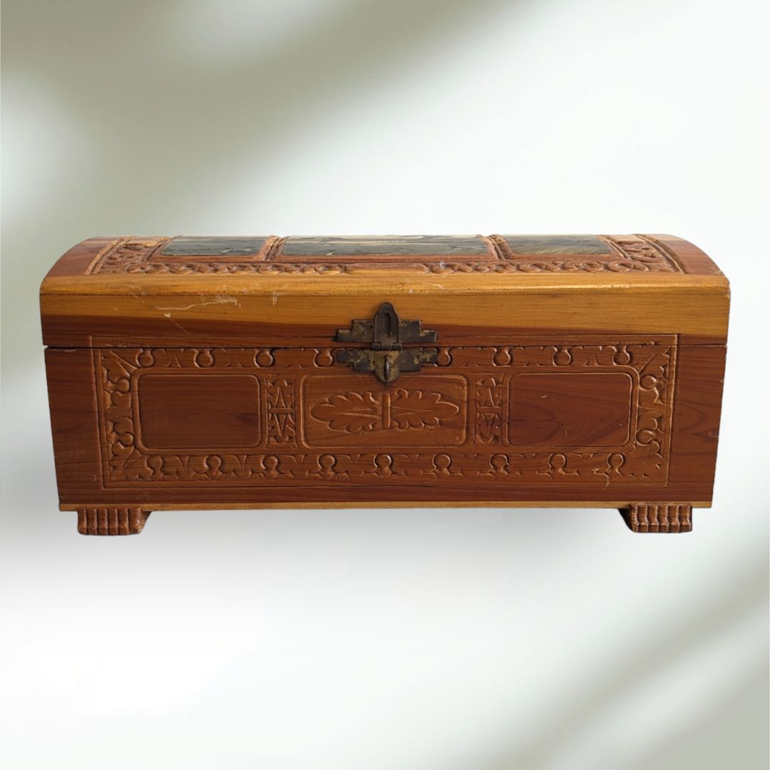 Vintage Cedar Storage Box Carved