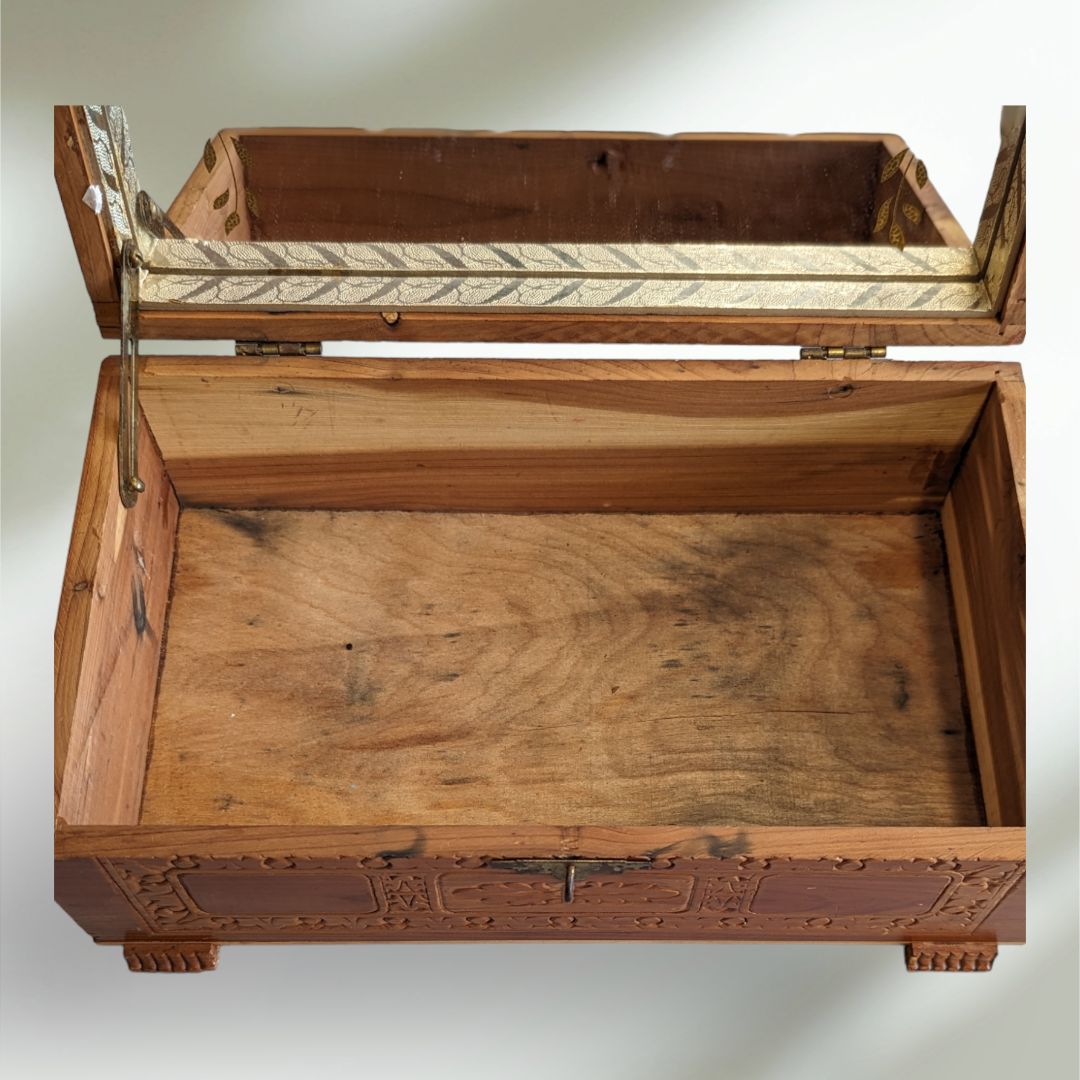 Vintage Cedar Storage Box Carved