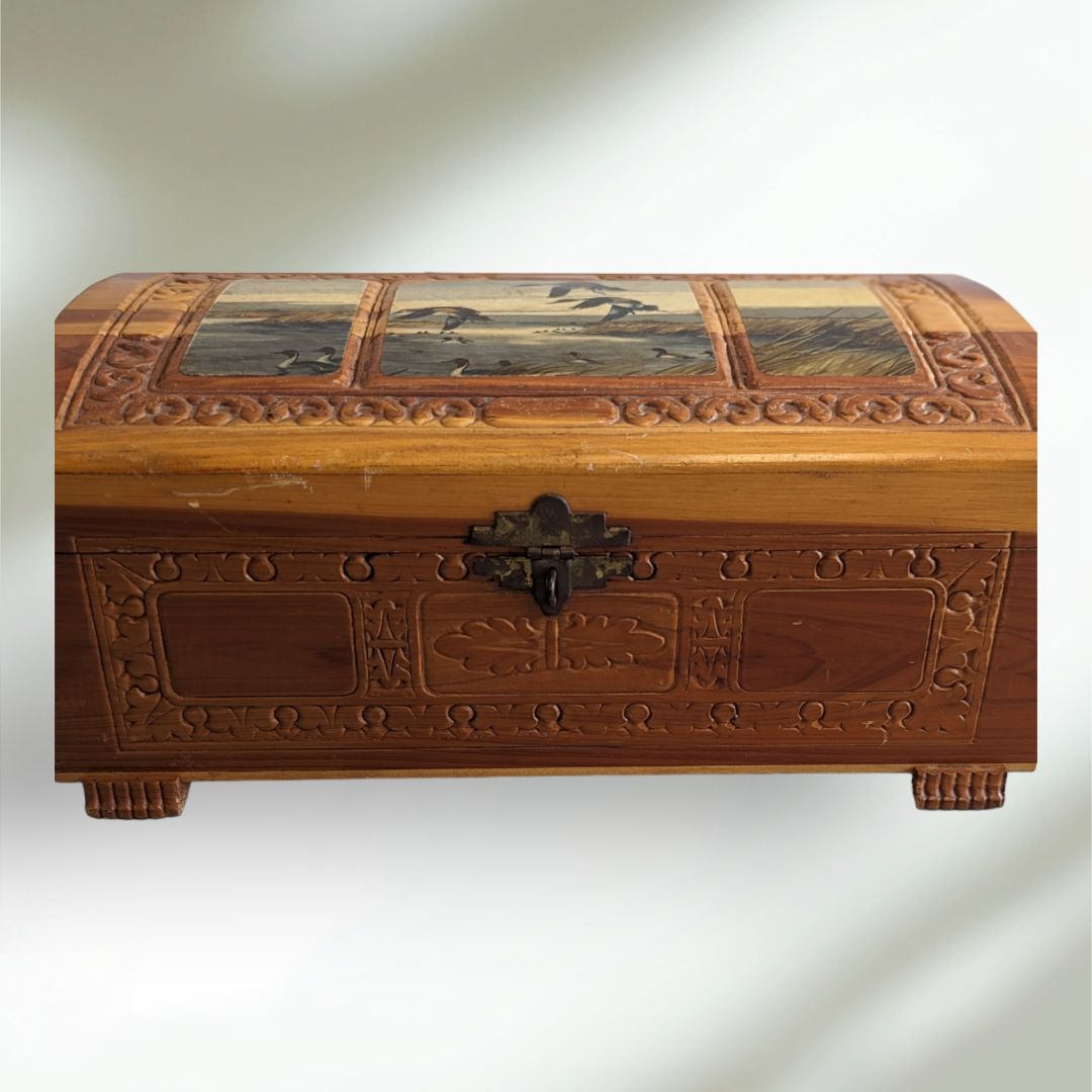 Vintage Cedar Storage Box Carved