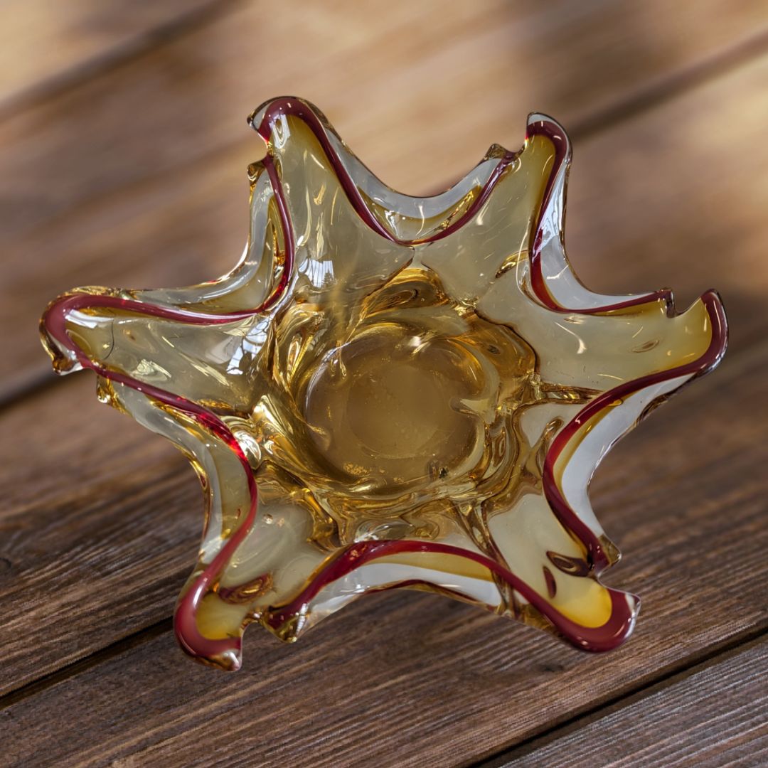 Vintage Italian Art Glass Mid Century Amber Red Candy Dish