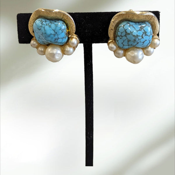 Trifari Turquoise & Pearl Clip-on earrings