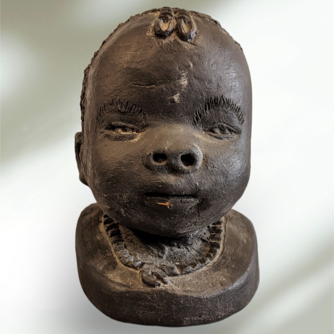 African Art Sculpture Clay Head Pottery Bust Artisan Signed Black Painted Clay Detailed Retro Vintage