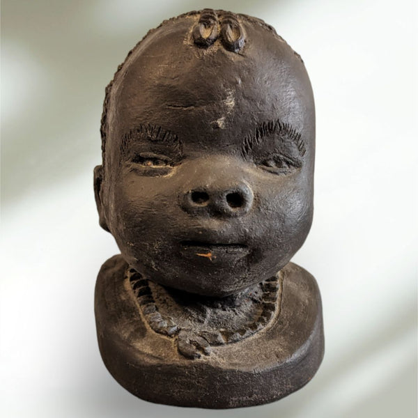 African Art Sculpture Clay Head Pottery Bust Artisan Signed Black Painted Clay Detailed Retro Vintage