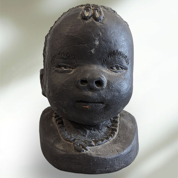 African Art Sculpture Clay Head Pottery Bust Artisan Signed Black Painted Clay Detailed Retro Vintage