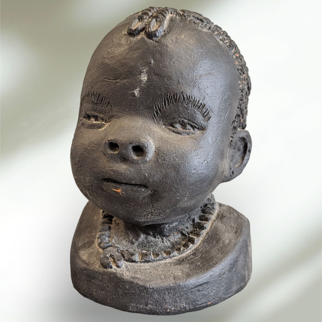 African Art Sculpture Clay Head Pottery Bust Artisan Signed Black Painted Clay Detailed Retro Vintage