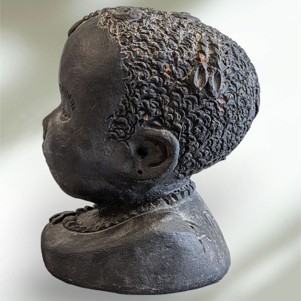 African Art Sculpture Clay Head Pottery Bust Artisan Signed Black Painted Clay Detailed Retro Vintage