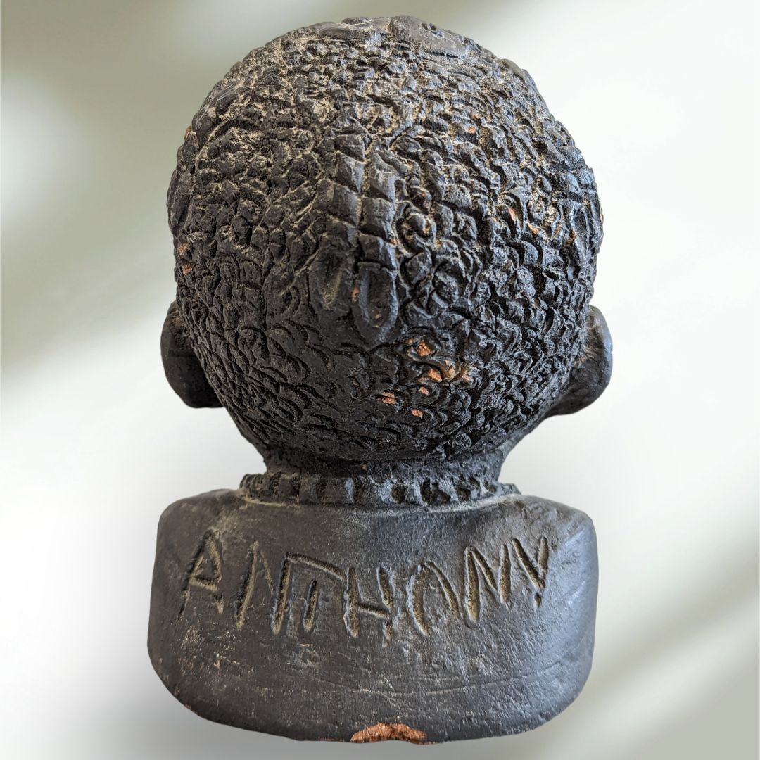 African Art Sculpture Clay Head Pottery Bust Artisan Signed Black Painted Clay Detailed Retro Vintage