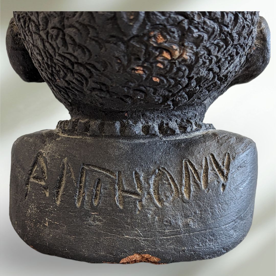 African Art Sculpture Clay Head Pottery Bust Artisan Signed Black Painted Clay Detailed Retro Vintage