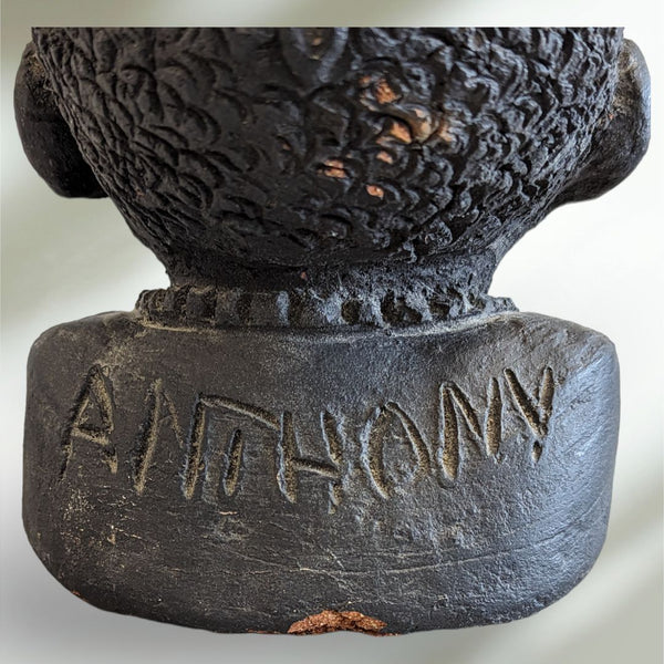 African Art Sculpture Clay Head Pottery Bust Artisan Signed Black Painted Clay Detailed Retro Vintage