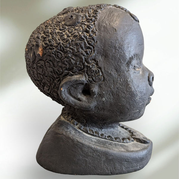 African Art Sculpture Clay Head Pottery Bust Artisan Signed Black Painted Clay Detailed Retro Vintage