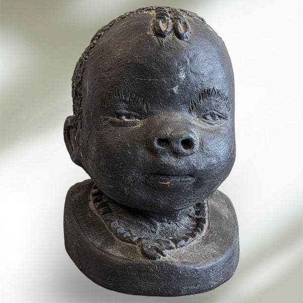 African Art Sculpture Clay Head Pottery Bust Artisan Signed Black Painted Clay Detailed Retro Vintage