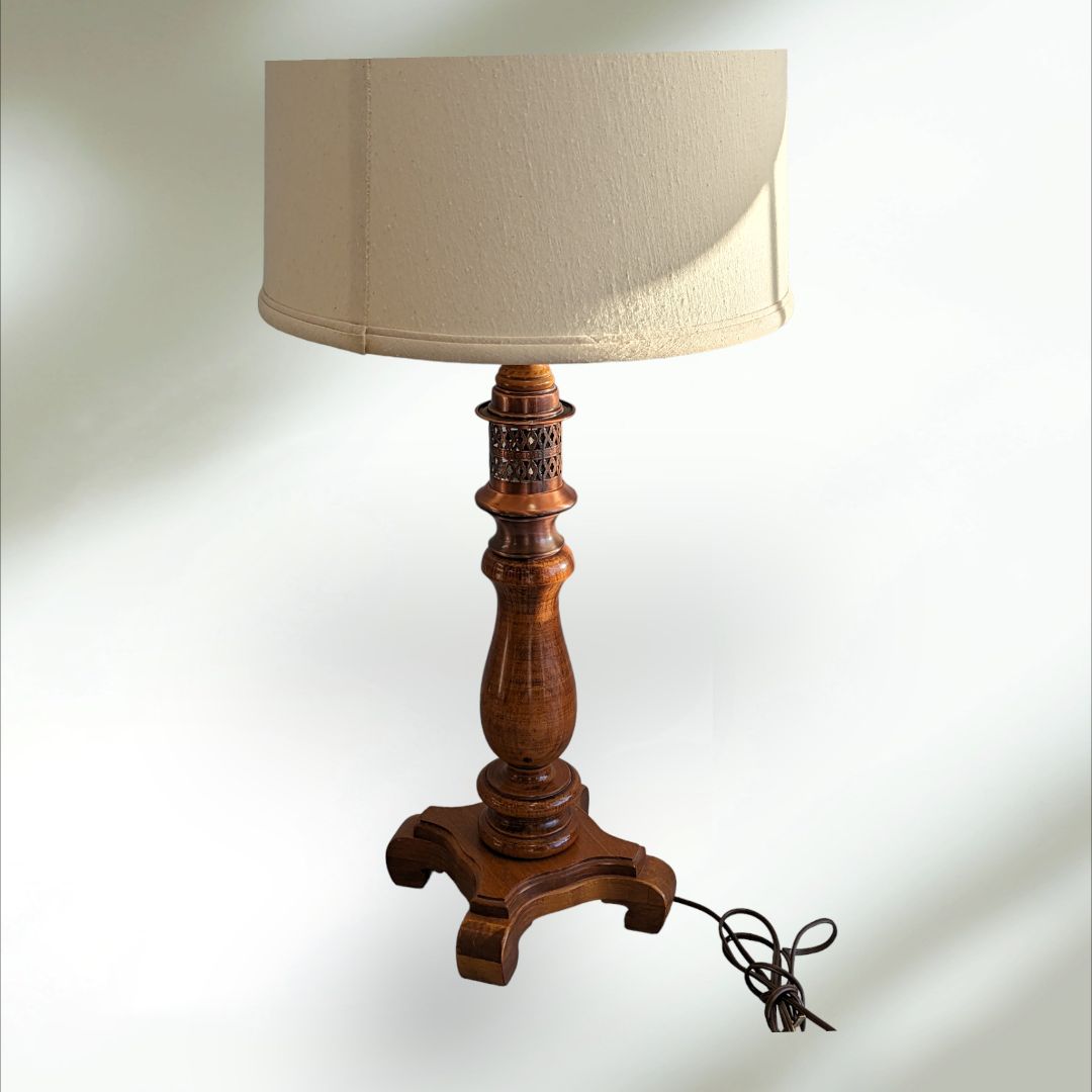 Wooden Carved Table Lamp w Brass detailing