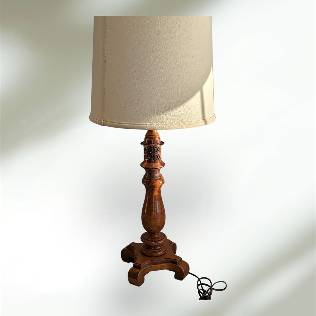 Wooden Carved Table Lamp w Brass detailing
