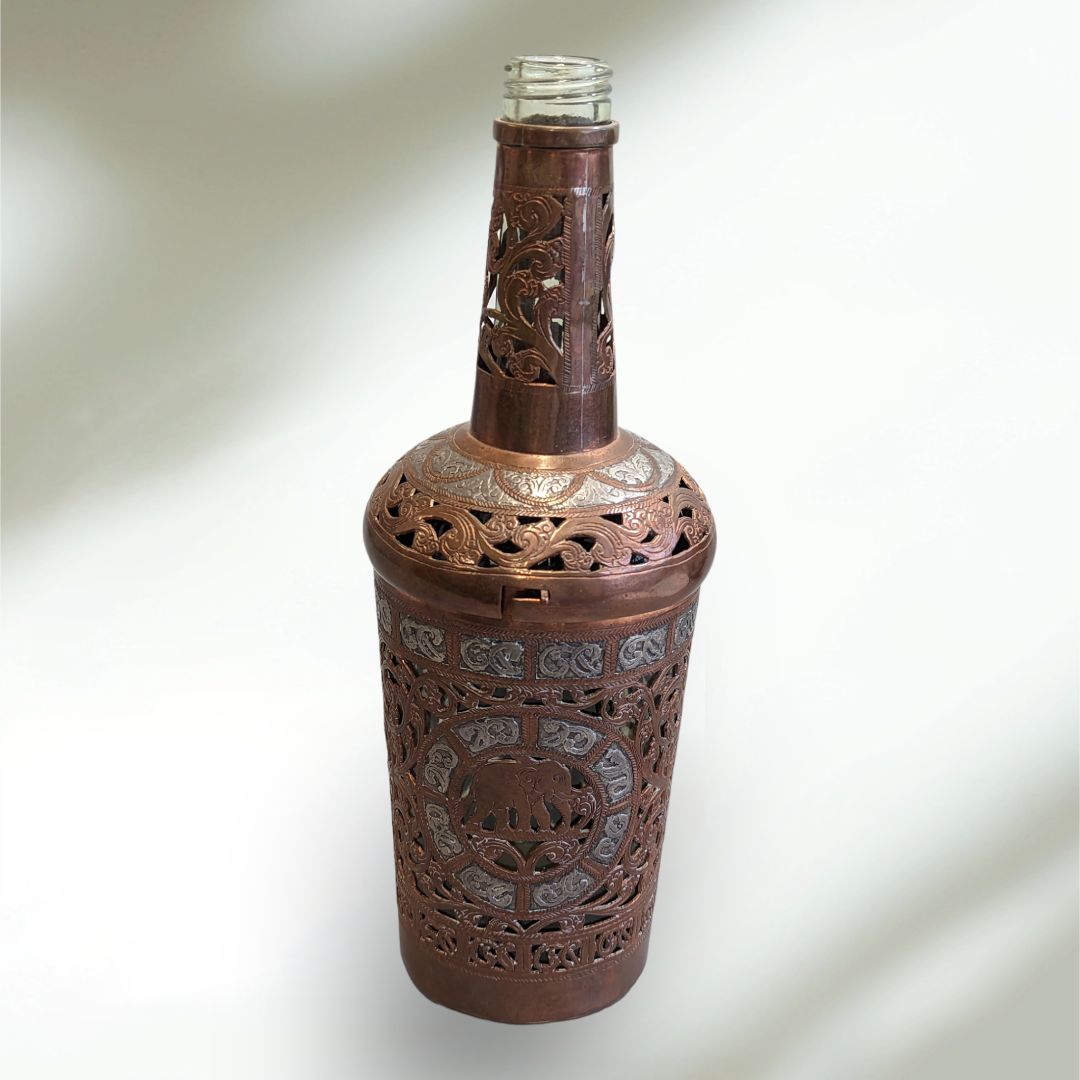 Gorgeous and Rare Antique Indian Copper and Silver Spirt Bottle Cover