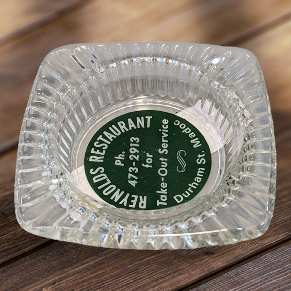 Vintage Ashtray Advertising Clear Glass "Reynolds Restaurant" Durham St. Madoc