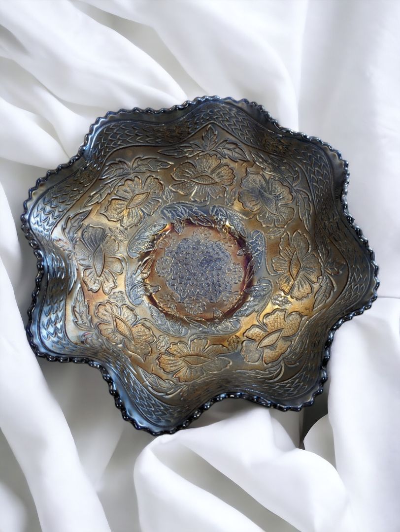 Vintage Fenton Blue Carnival Dragon Glass Bowl